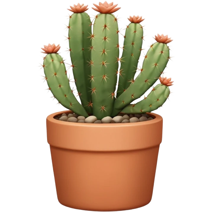 A ceramic pot in a pastel terracotta color, shaped like a cylinder, with a tall pot containing a desert cactus. emoji