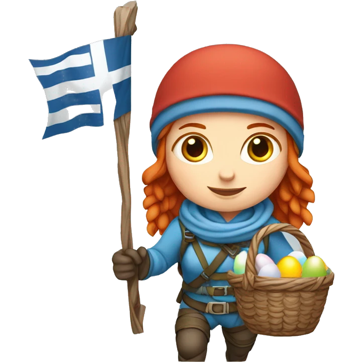 Female winter mountaineer red hair white skin climbing with Greek Flag and Easter eggs basket emoji