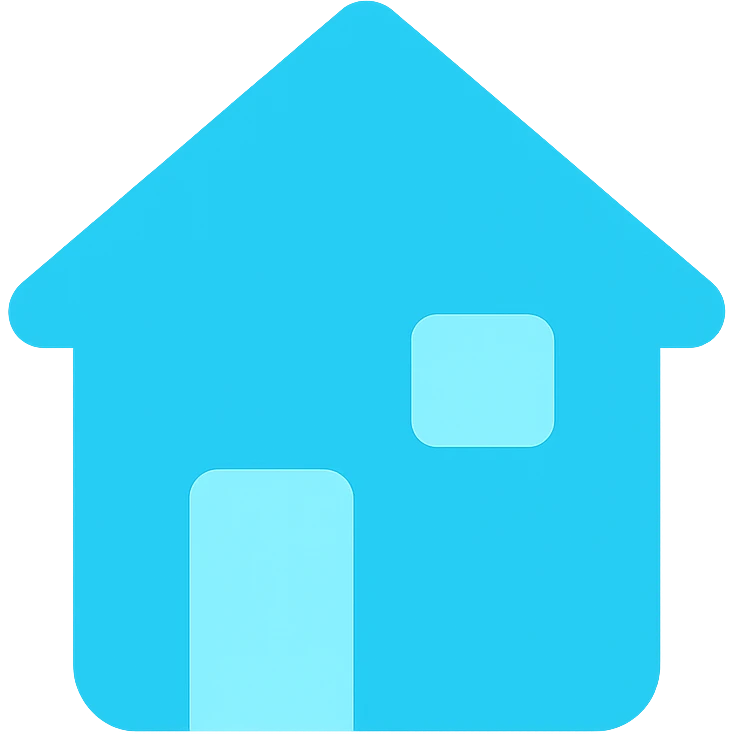house icon with square base main structure, triangle roof, smaller rectangle door, square window, all shapes filled with #00EEFF color emoji