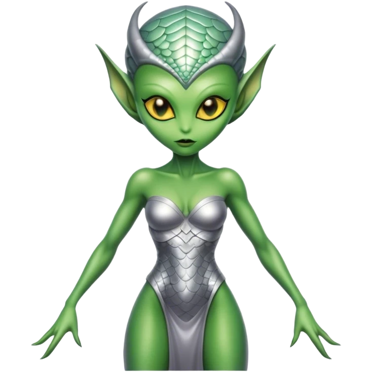Green Alien woman in silver dress, full figure with scales skin, yellow eyes emoji