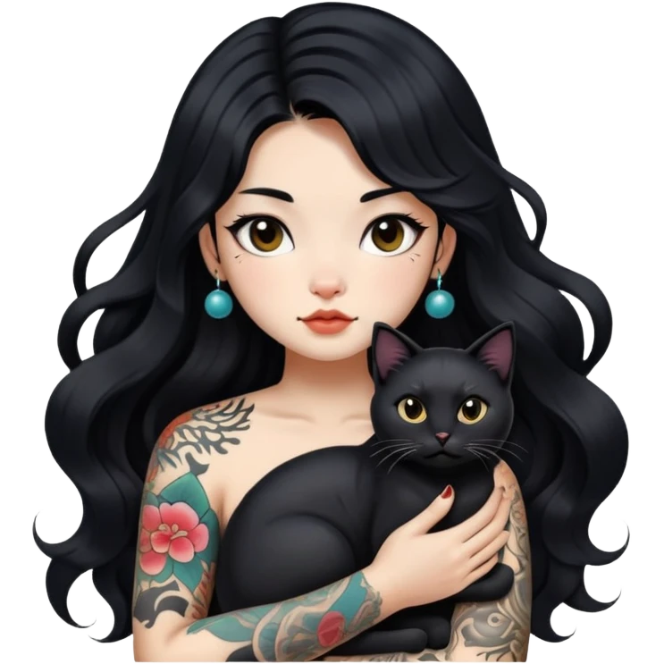 a Chinese girl with long black  Big Wave hair and tattoos and a black round faced cat emoji