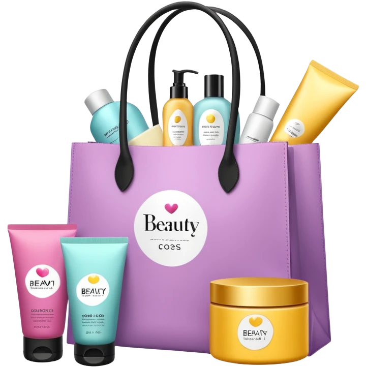 Gift bag with beauty products (shampoo, creams, styling products), a gift bag is beautyful open box with luxury brand-labeled beauty products standing nearby emoji