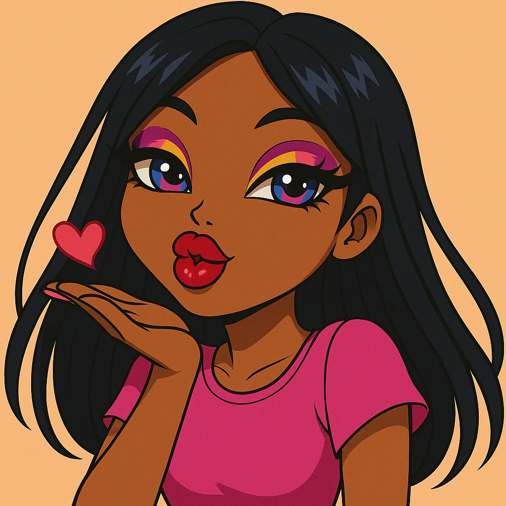 Change the pose to blowing a kiss, headshot only, keep her as a 20-year-old anime Bratz style woman with dark skin, dark hair, bold colorful fashion-forward look, big expressive eyes, glossy lips, and a happy expression. No tears. emoji