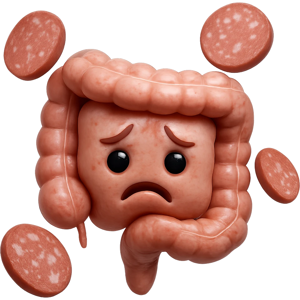 emoji stile iphone in 3d di un intestino triste
 con fette di carne che gli fluttuano intorno, iperrealistico 4k emoji