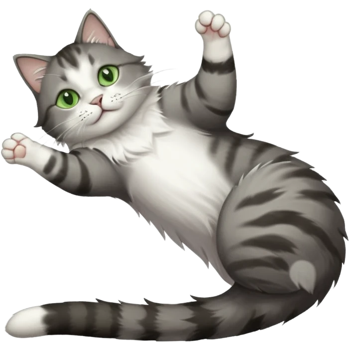 grey and white cat with green eyes doing a big extremely long stretch reaching up into the air with arms and legs side by side together straight and overextended whilst lying on its side emoji