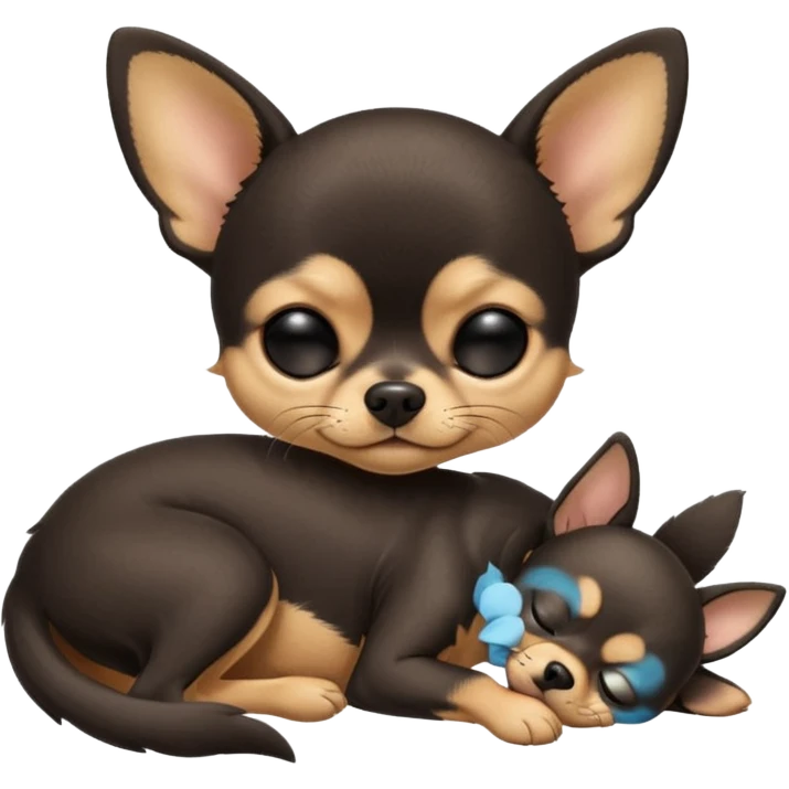 A high-resolution photo-realistic digital illustration of a cute black and tan chihuahua with eyes closed shut sleeping lazily on the ground emoji