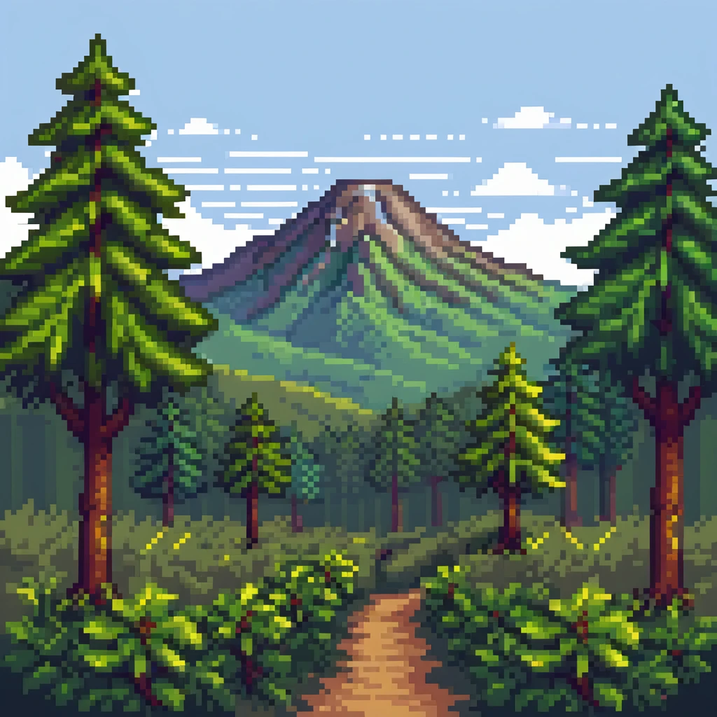 2D forest background with parallax layers, trees, bushes and a distant mountain emoji