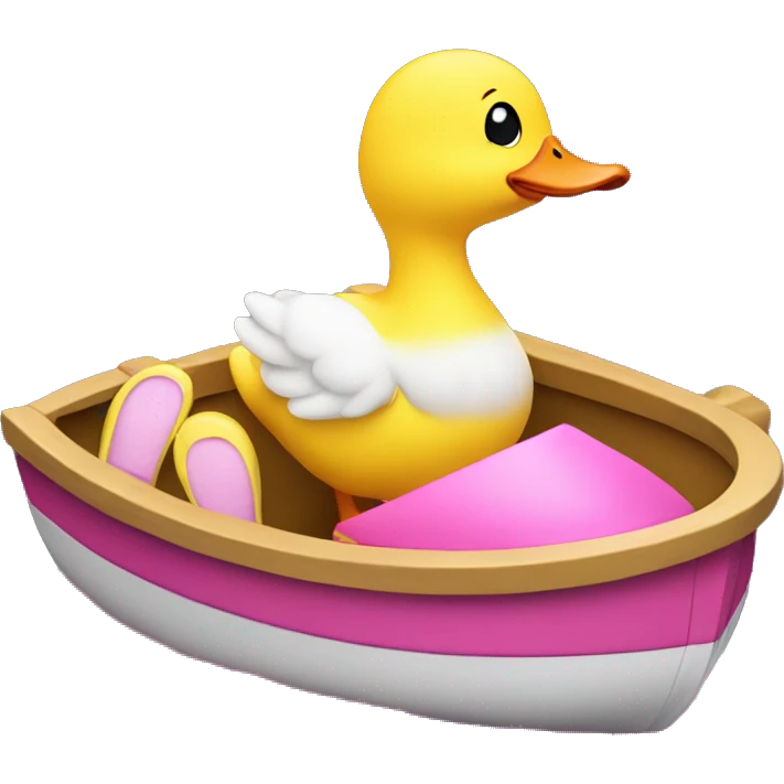 A baby yellow duck driving a boat with pink slippers emoji