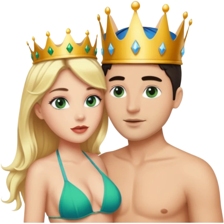 Blonde Queen Green eyes with crown in Bikini kissing Male subject without crown dark Hair blue eyes emoji