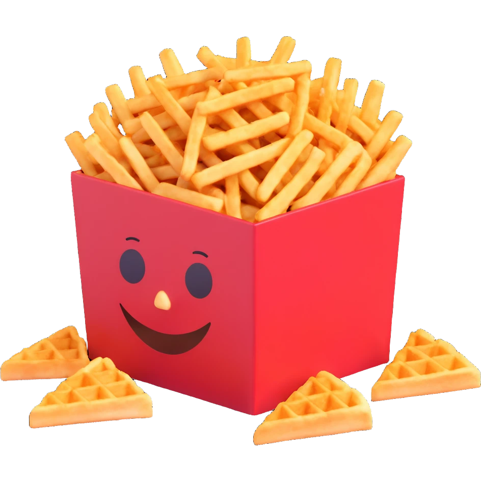 crispy waffle fries overflowing from a red box, 3D emoji style, playful and bright emoji