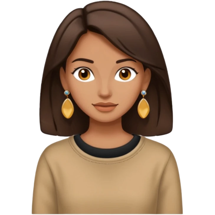 woman with medium-dark brown hair, trendy comfy clothes, earrings, stylish details emoji