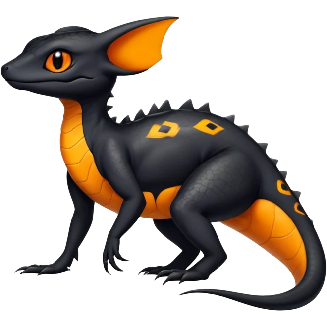 A black Salandit-Umbreon-newt-hybrid-Fakémon-creature with orange belly emoji