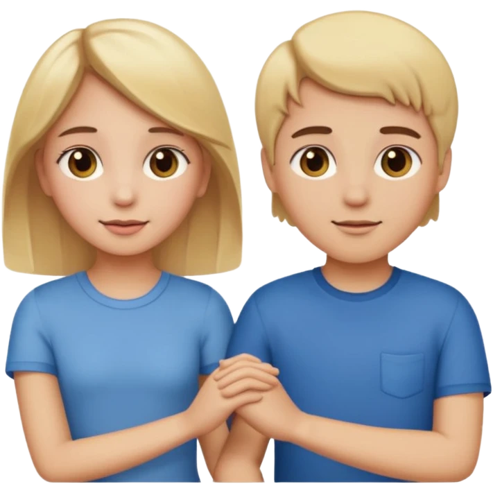 a girl with blonde hair and brown eyes and a boy with brown hair and brown eyes holding hands, both blushing, emoji style emoji