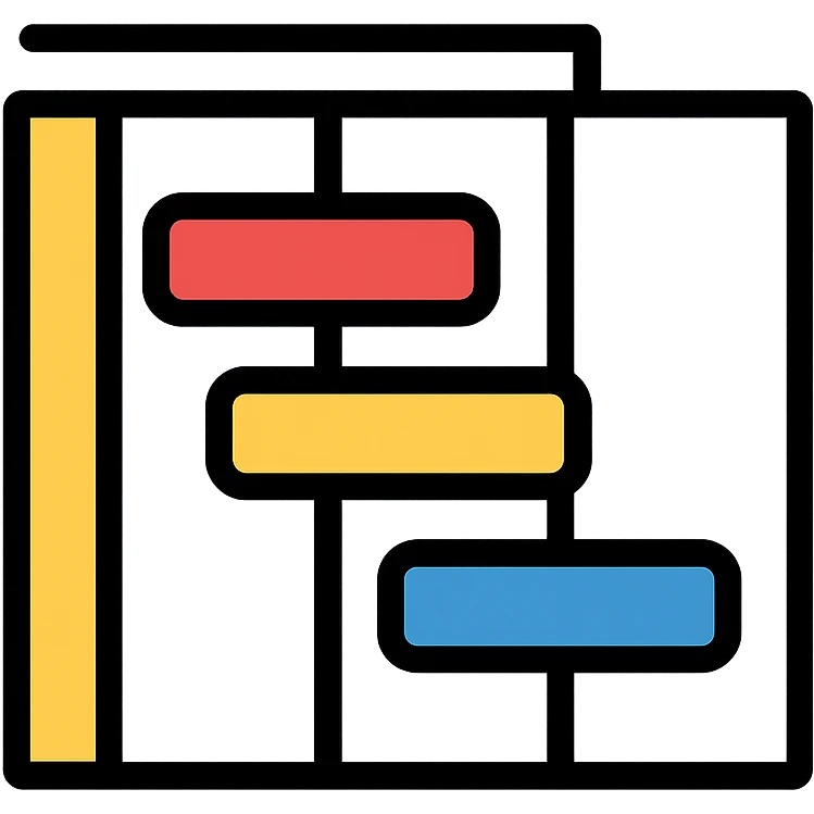 Gantt chart with three colored horizontal bars, color outline emoji