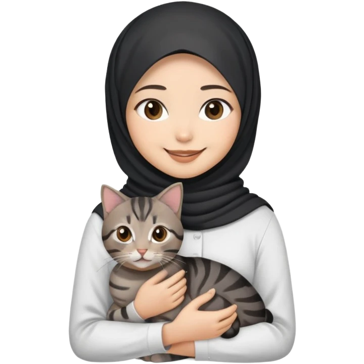 Asian white Girl wearing dark  hijab with white shirt smiling while holding a black brown grey tabby cat emoji