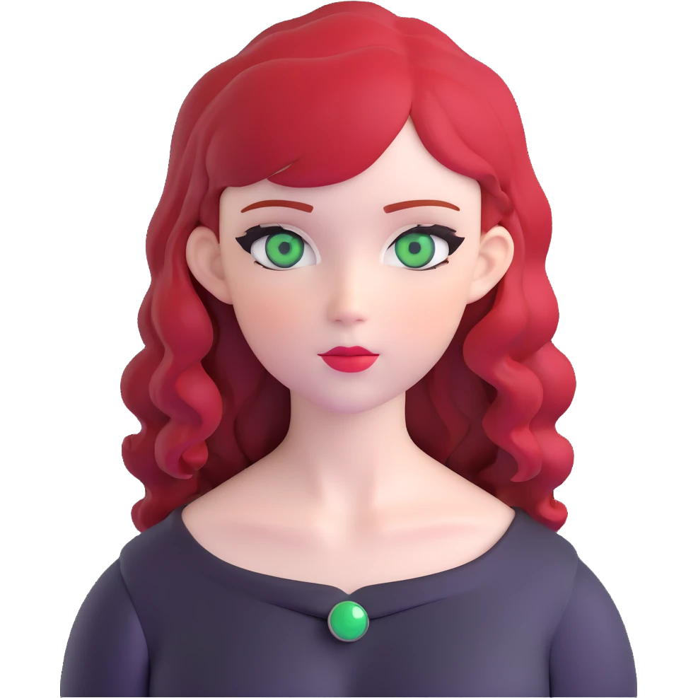 girl with green eyes, white skin, wavy black hair, red hair at the back of her neck emoji