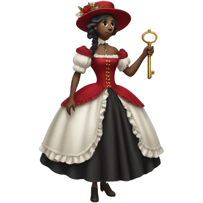 galora, holding big key in red victorian dress, full body emoji