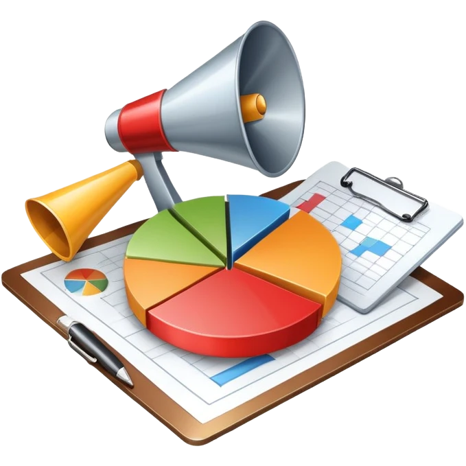An icon featuring a pie chart, a megaphone, and a clipboard with strategy plans, symbolizing management and marketing. The design includes upward-trending graphs set against a modern office backdrop. Transparent background emphasizes business strategy and communication. emoji