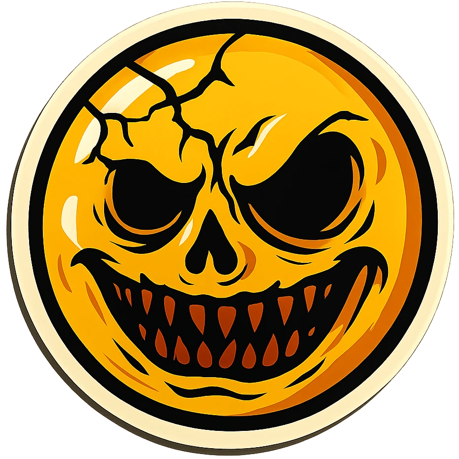 scary creepy cracked emoji, retro stickers style, sharp black outlines, expressive shadows and highlights, no gradients, only sharp color transitions emoji