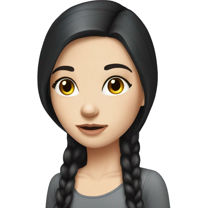 Girl with fair skin, long black hair, famous, standing , gray eyes ,beautiful girl, very hot girl, russian emoji