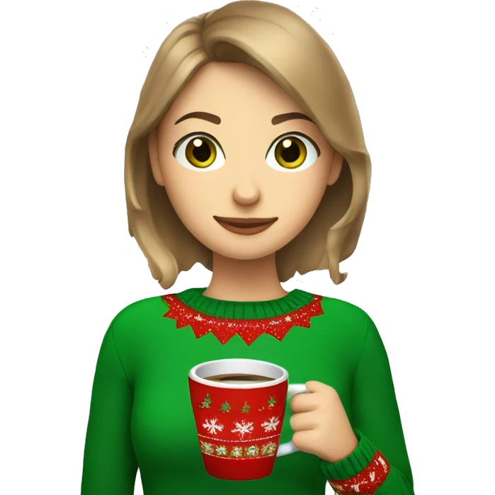 Light brown short haired girl with green eyes drinking coffee wearing Christmas sweater emoji