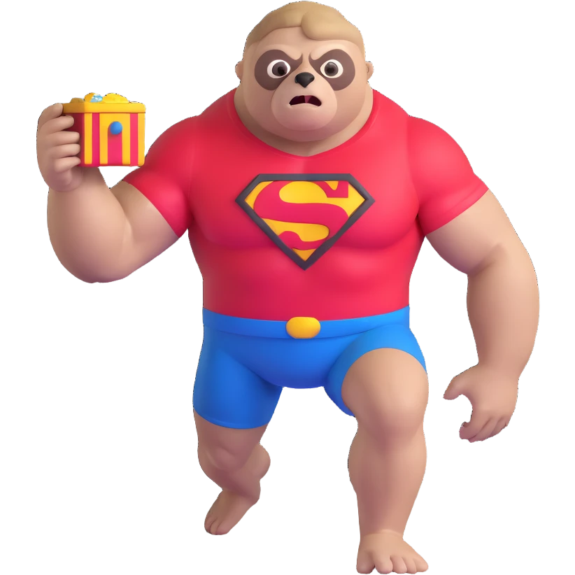 Sloth from The Goonies, muscular friendly man with distorted face, large eye, wearing red Superman shirt in a cave with treasure emoji