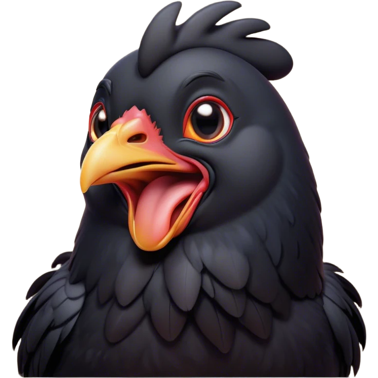 Cinematic Cute Yawning Black Chicken Portrait Emoji, Head tilted slightly with a dramatic, wide-open yawn, showcasing a soft, glossy black plumage with subtle hints of iridescence and a distinctive red comb, floppy wings slightly drooping, round beady eyes barely open in drowsy contentment, Simplified yet irresistibly adorable features, highly detailed, glowing with a soft, cozy glow, high shine, relaxed yet expressive, stylized with a touch of whimsy, bright and endearing, soft glowing outline, capturing the essence of a sleepy yet affectionate chicken, so drowsy it feels like it could stretch out of the screen and curl up for a nap! emoji