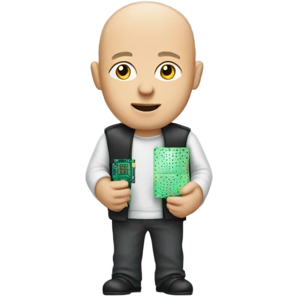 Bald man, on his hand there is semiconductor chip emoji