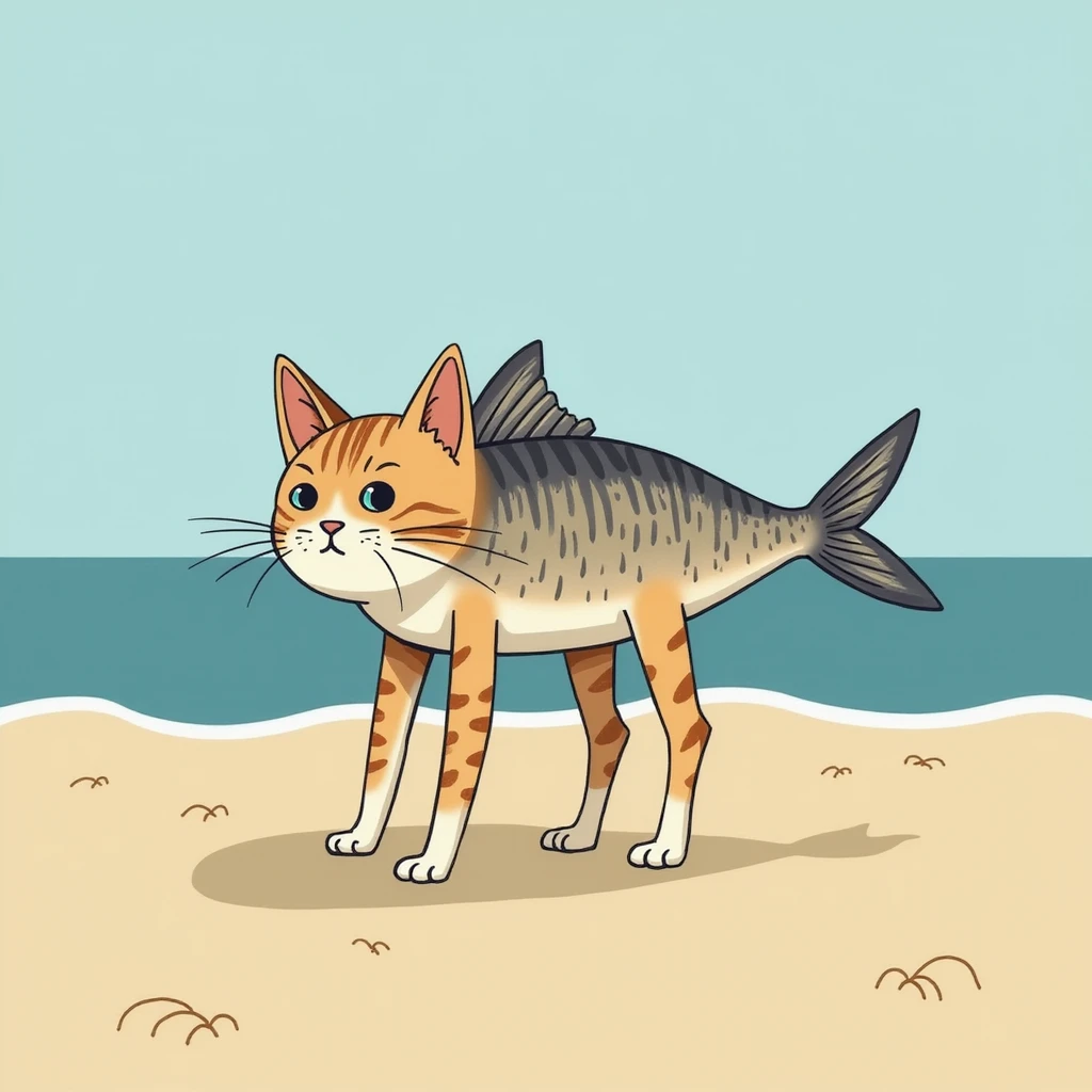 cat with fish body and four human legs, beach setting, simple realistic style emoji