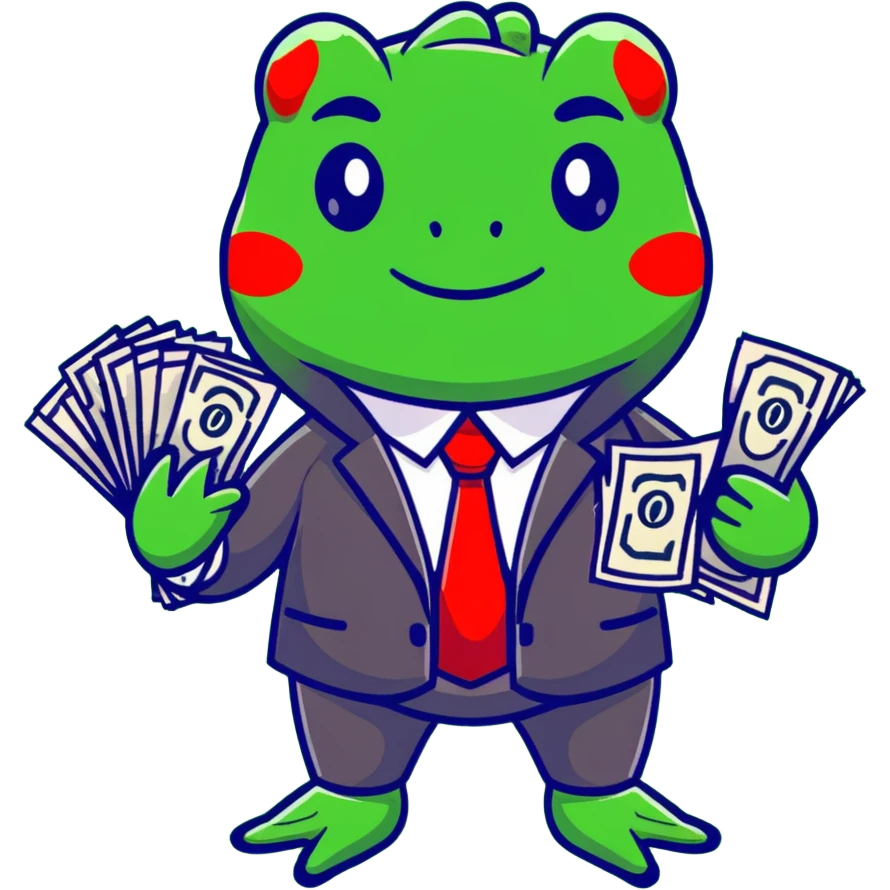 frog character in a fancy green suit holding money emoji