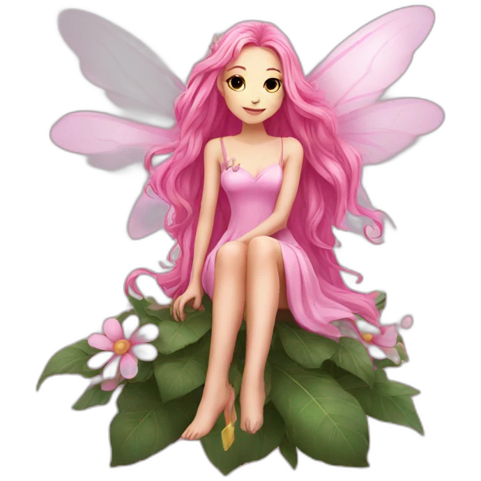 long pink hair fae pink dress with wings sitting on flower emoji