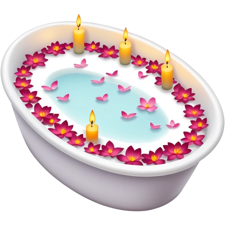 A white bathtub with flower petals and scented candles, romantic lush warm colors emoji