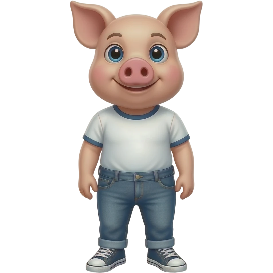 25 year old sow pig  stand  straight wear tshirt and jeans sneakers emoji