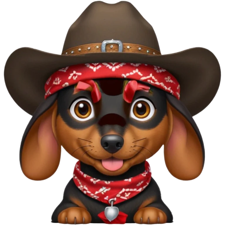 no white, no red. mostly black with some brown long hair daschund with a cowboy hat, ears curl out a bit and bandana and tongue slightly out emoji