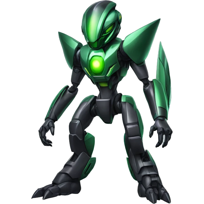 a shiny black-green Genesect-Raptor-Fakémon-Medabot-hybrid with a futuristic visor-helmet full body emoji