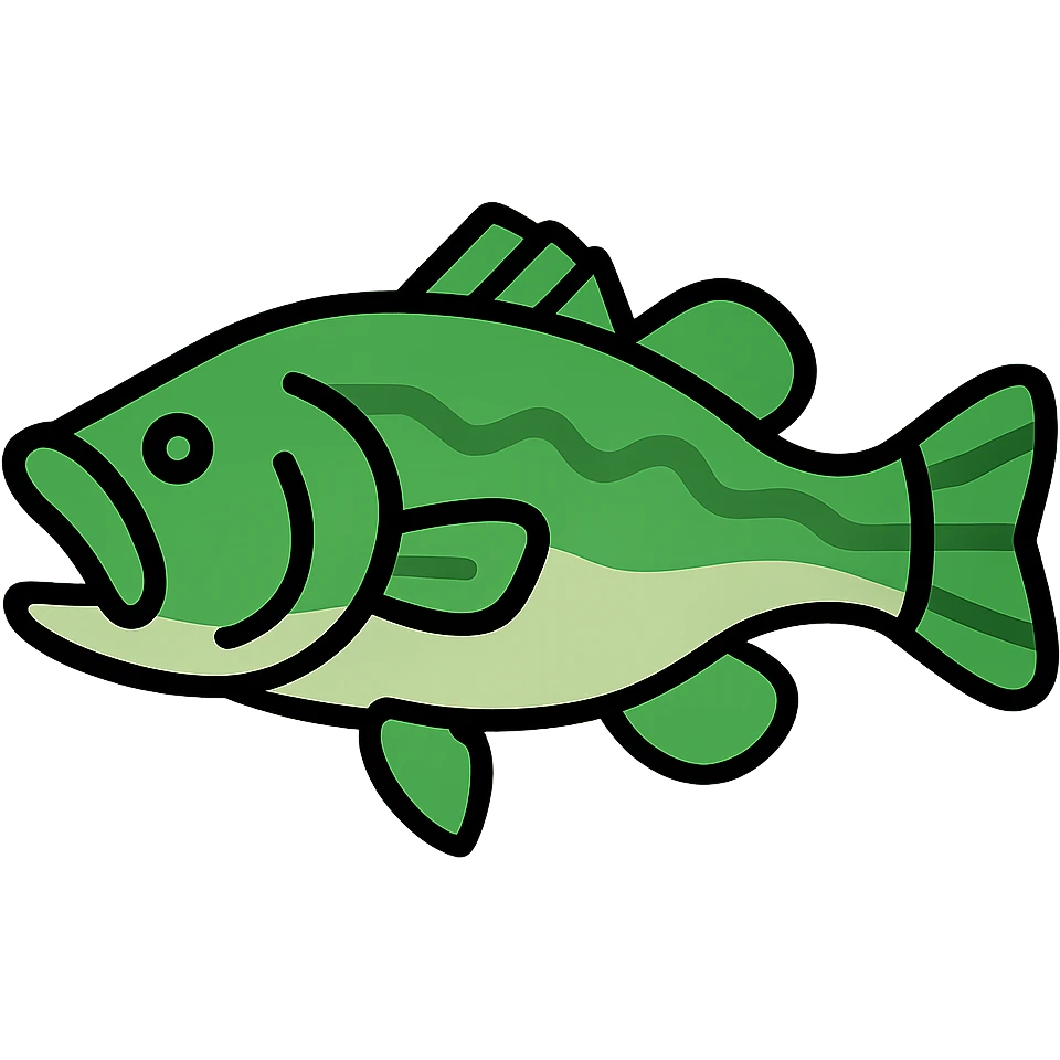 largemouth bass, minimal flat icon, simple shapes, green and white, clean look emoji