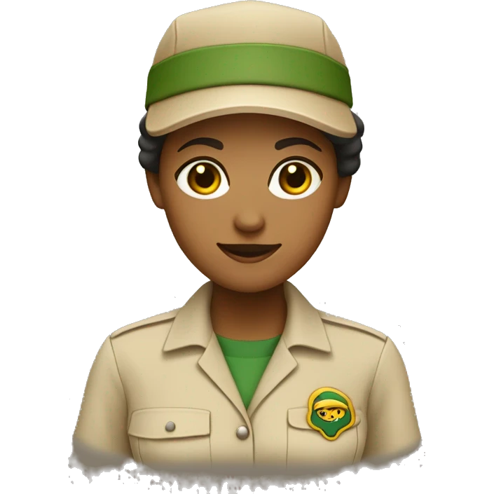 female zookeeper, wearing a plain beige shirt and a plain dark cap. on the beige shirt, there is a small logo, that looks like a yellow square with a dark green border emoji