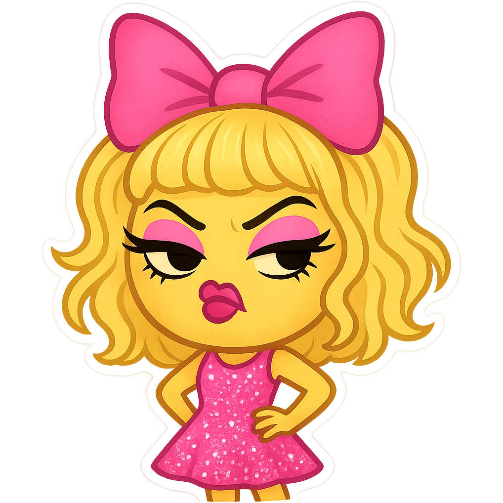 super fashionable emoji in Betsey Johnson style, with big hair bow, sparkly dress, and lots of attitude emoji