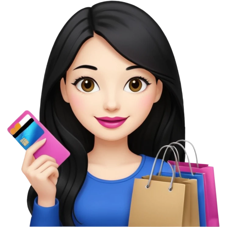 Girl with long black hair and pink lipstick holding shopping bags and credit card emoji