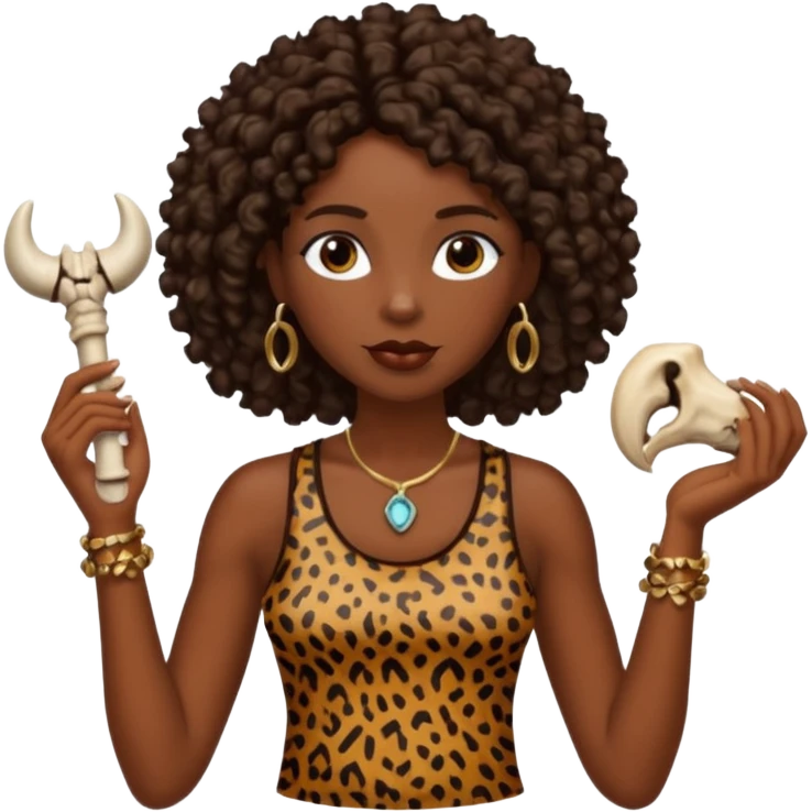 cavewoman with dark brown curly hair wearking animal print tank top and accessories emoji