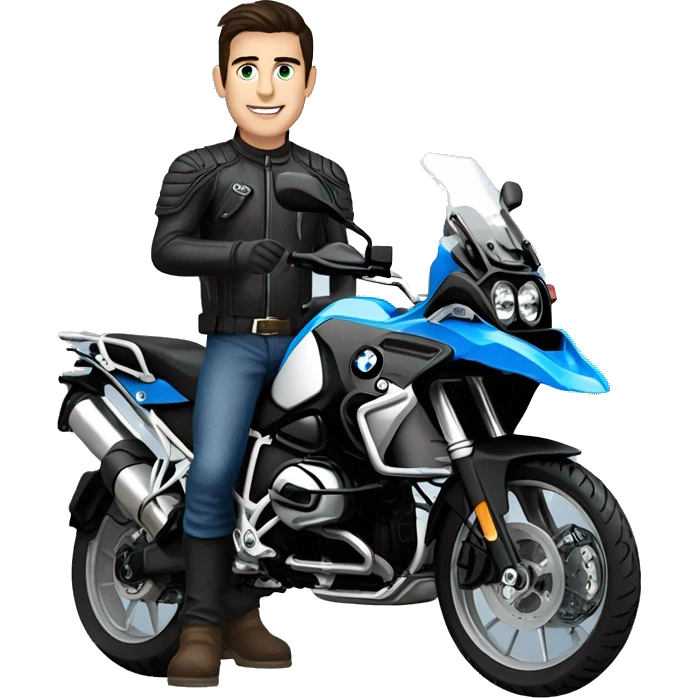 motorcycle bmw gs 1250 black and male rider on bike dark hair blue eyes emoji