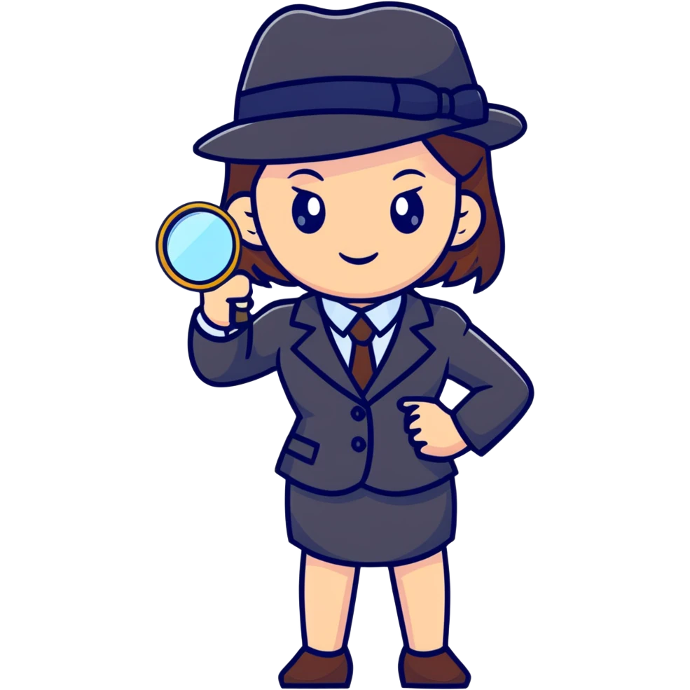 girl in a business suit, wearing a detective hat, holding a magnifying glass, in an investigating pose emoji