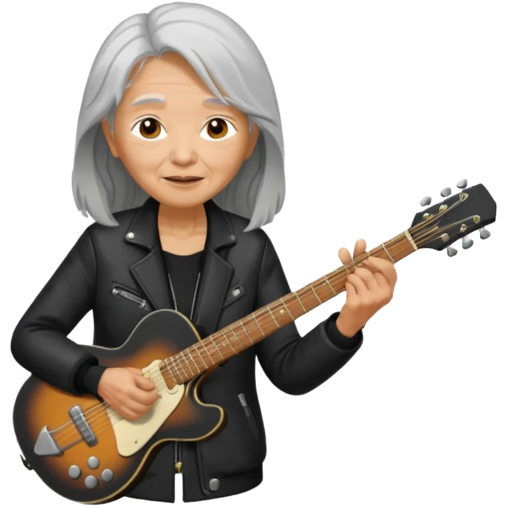 guitar rock player, elderly woman asian head, black jacket emoji