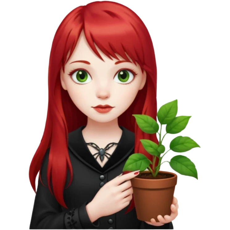 a gothic girl with long red hair and bangs holding a lucky pin and plant emoji