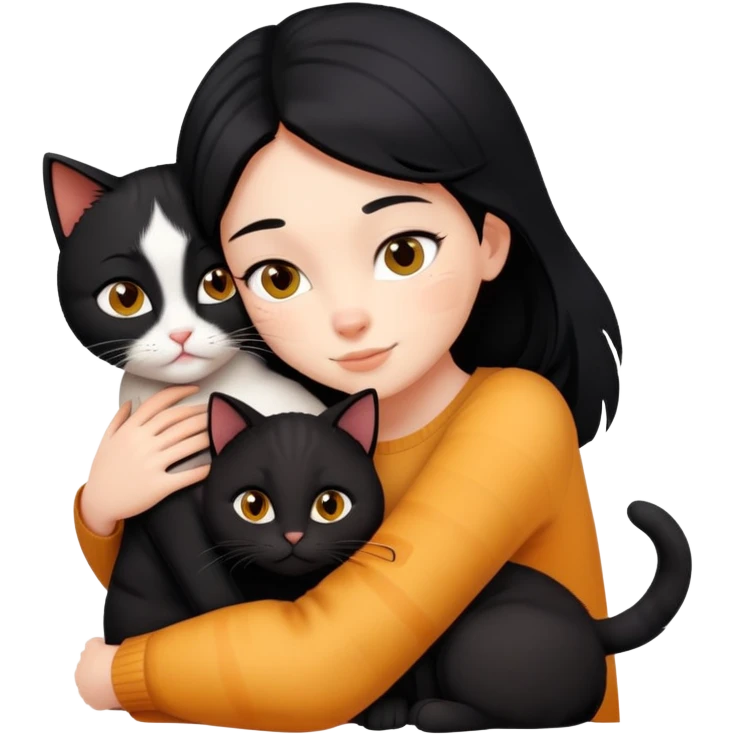 A black-haired girl hugs a ginger cat and A black cat emoji