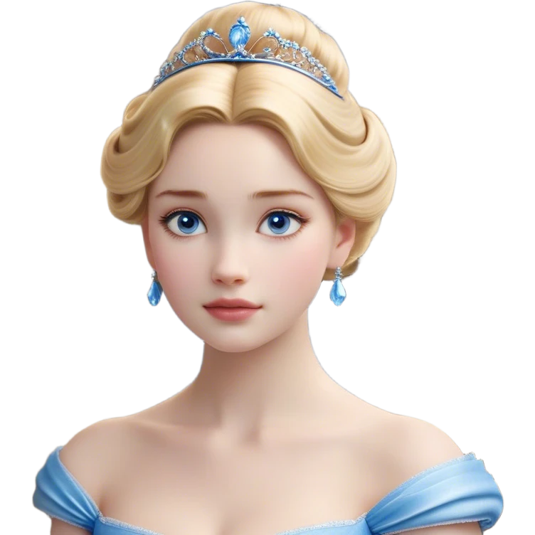 Cinematic Realistic Noble Cinderella Portrait, depicted with porcelain skin rendered in lifelike detail and soft, natural lighting that highlights every delicate nuance. Her intricately styled golden-blonde hair is arranged in an elegant updo, and her deep, expressive blue eyes radiate quiet determination. She wears her classic ball gown with rich fabric textures and delicate folds catching the light beautifully, all set against a subtly glowing, natural background that captures the essence of timeless royal grace. emoji