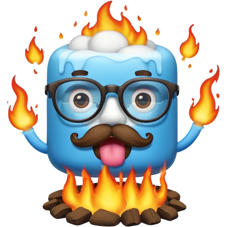 blue marshmallow on fire, surprised with mustache and glassess, just marshmallow emoji