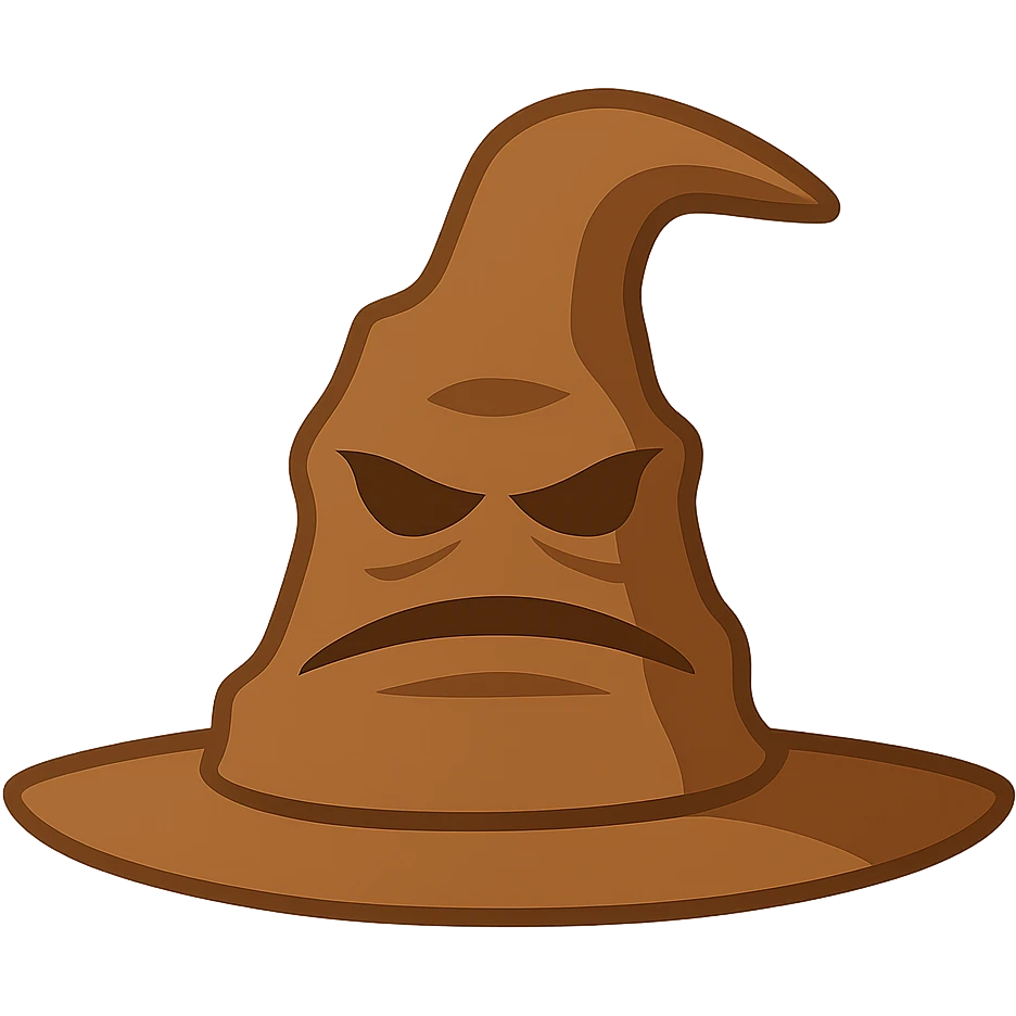 Make the hat exactly like the reference in shape, expression, and color. No outlines, only sharp shadows and highlights. Style: Color Filled. Atmospherical and magical vibe. Transparent background. emoji