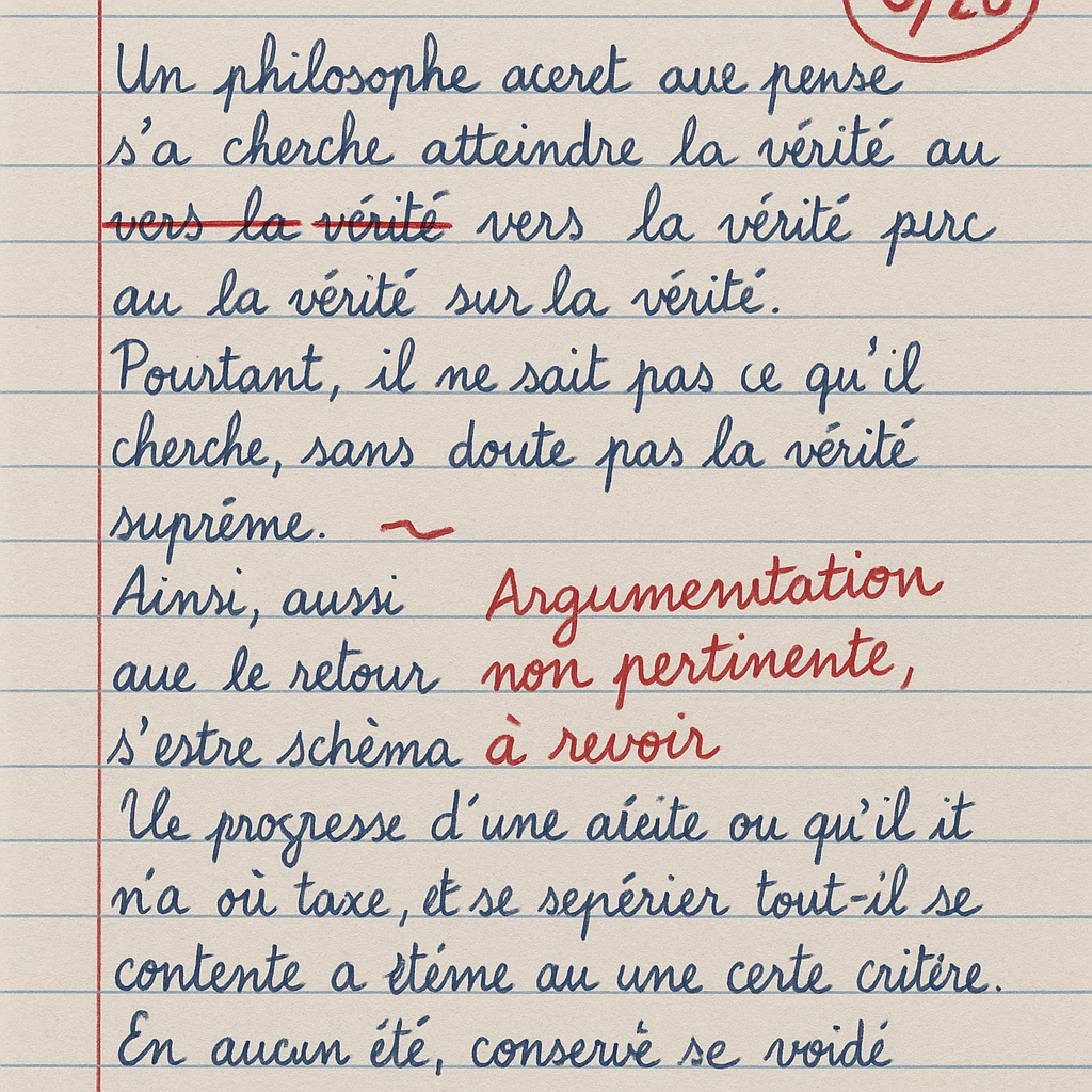 handwritten philosophy paper in French, high school, lined paper, blue ink, grade 5/20 circled in red, teacher's comment in French: 'Argumentation non pertinente, à revoir' in red, a few red marks and corrections emoji