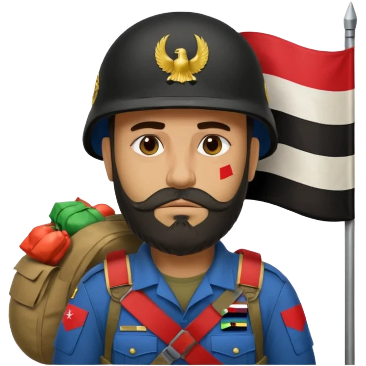 A very tired and sad, swarthy Iraqi soldier with a beard, an Iraqi flag on his helmet, a sad expression and bags under his eyes emoji